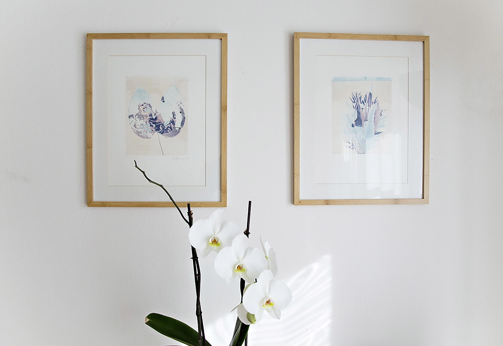 Zwei gerahmte, abstrakte Kunstwerke hängen an einer weißen Wand, davor eine weiße Orchidee.